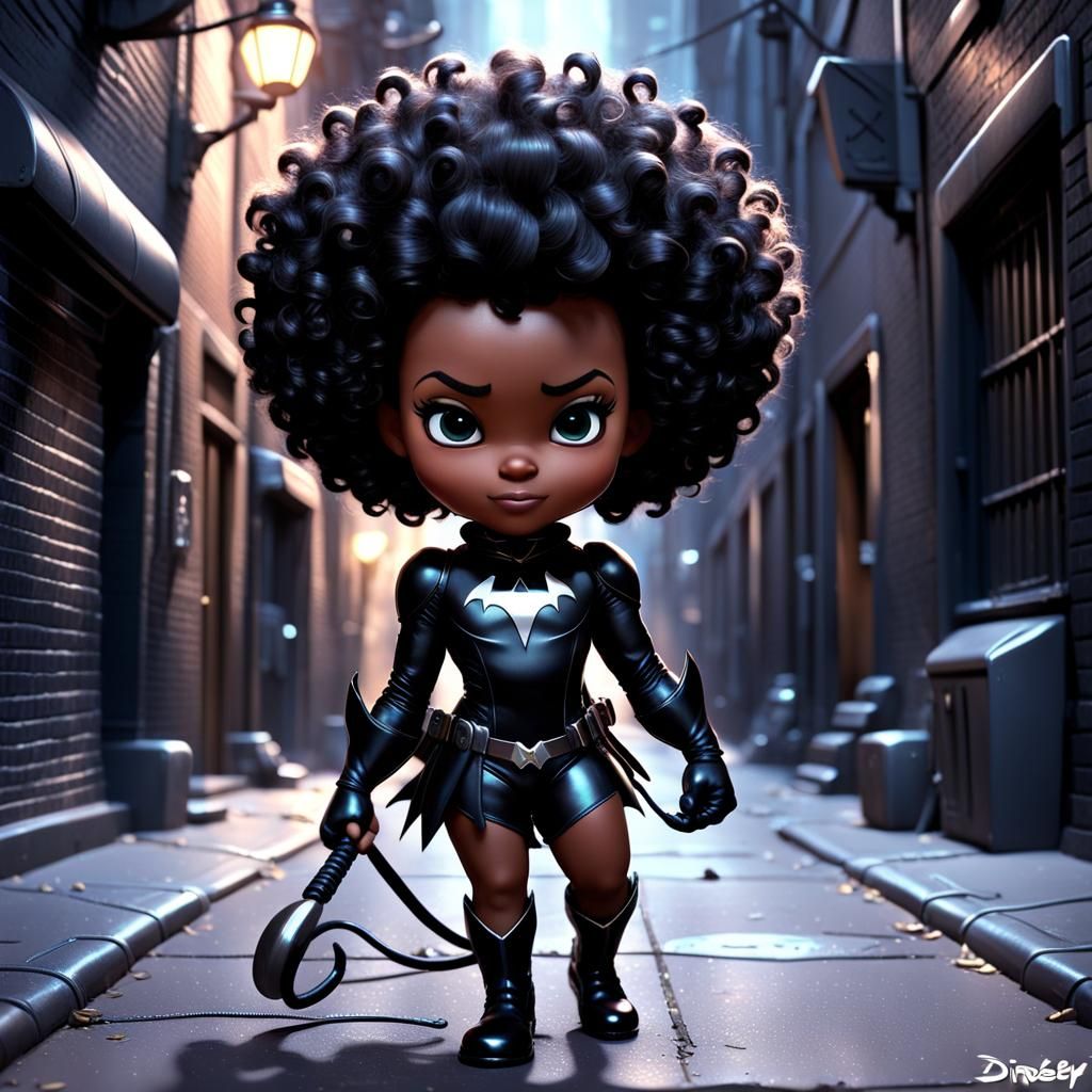 Pixar-Style Chibi Catwoman in City Alley