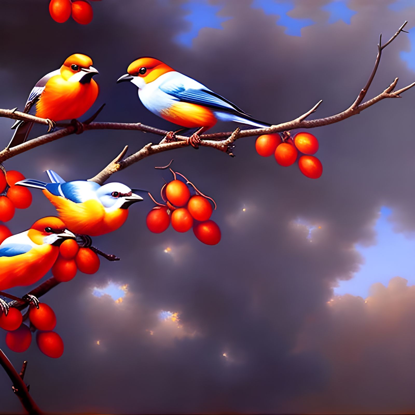 Colorful Birds Feast: Oil Painting Masterpiece
