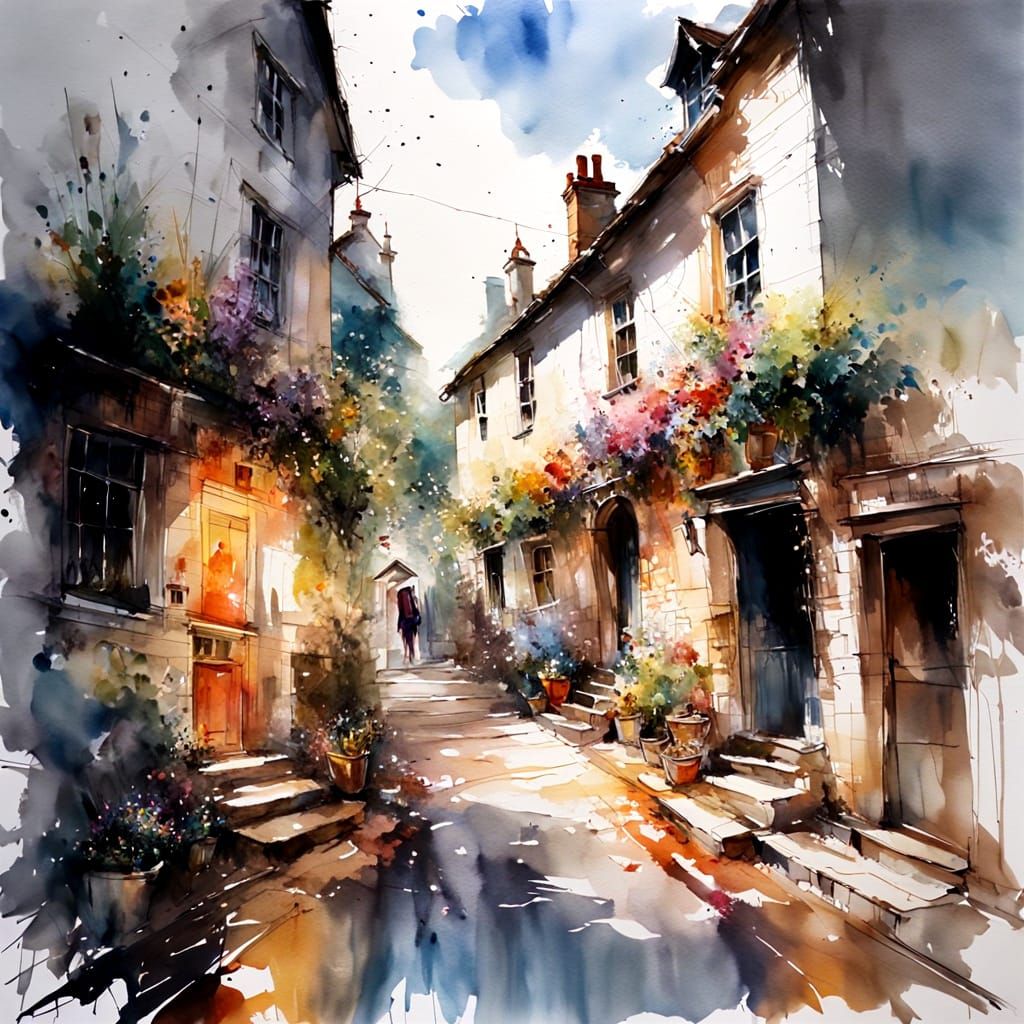 17th Century Cotswold Village in Watercolour Style