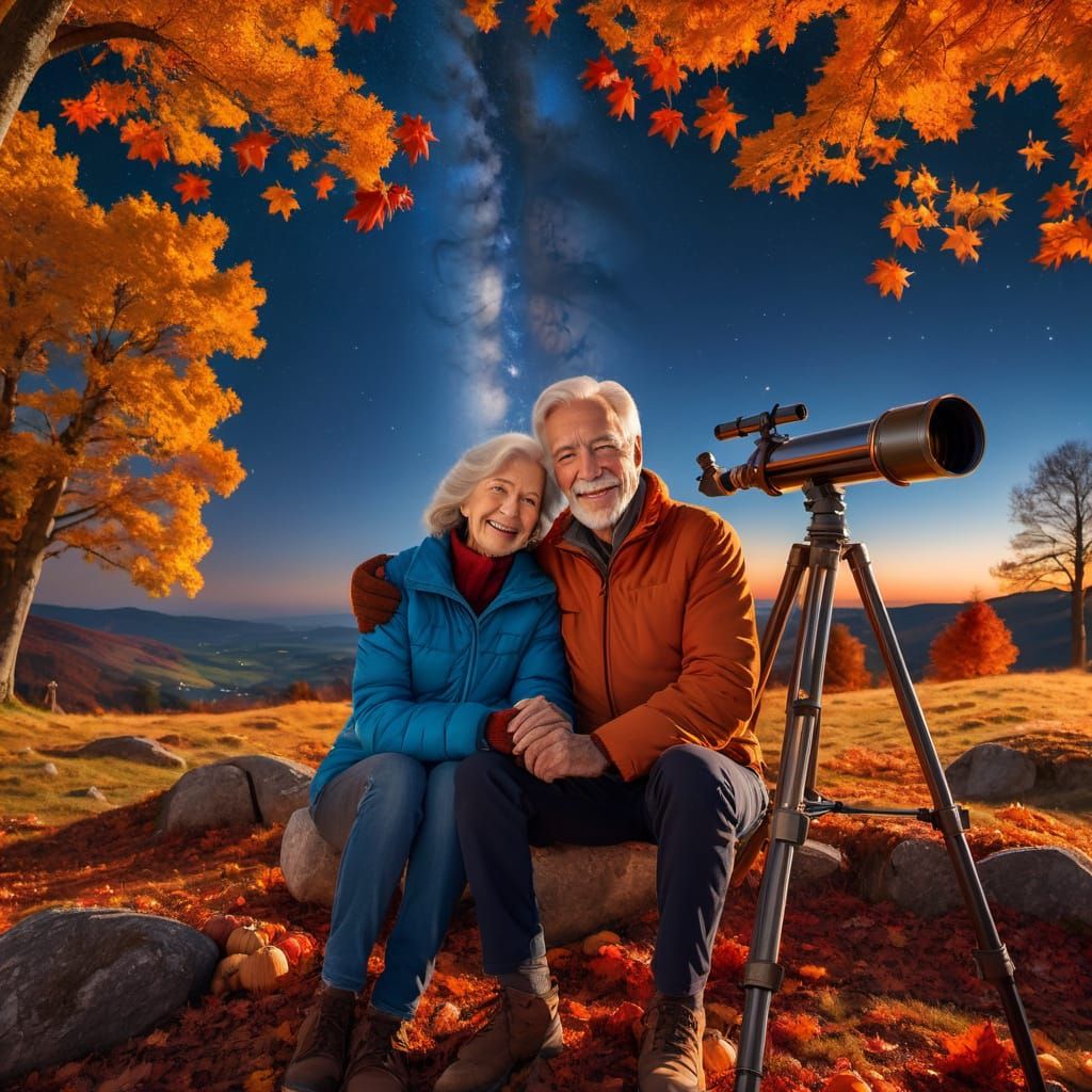 Romantic Stargazing Couple on Autumn Hillside