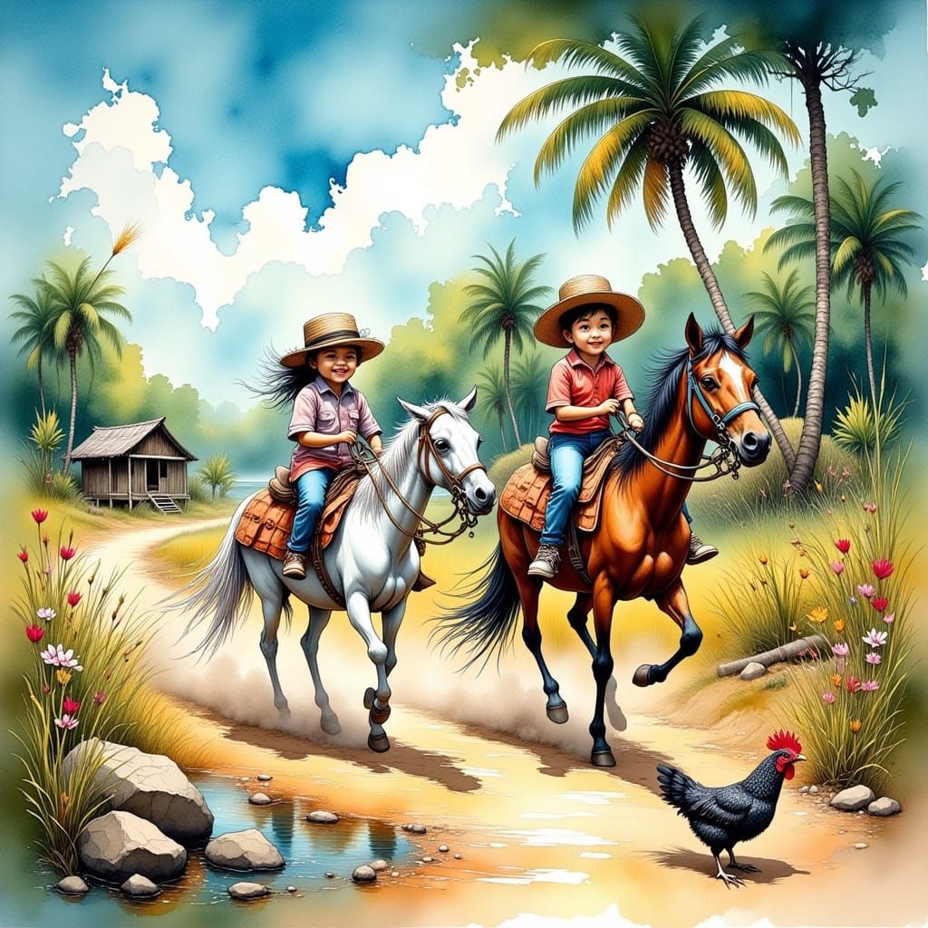 Whimsical Children Playing Horseback, Vibrant Art