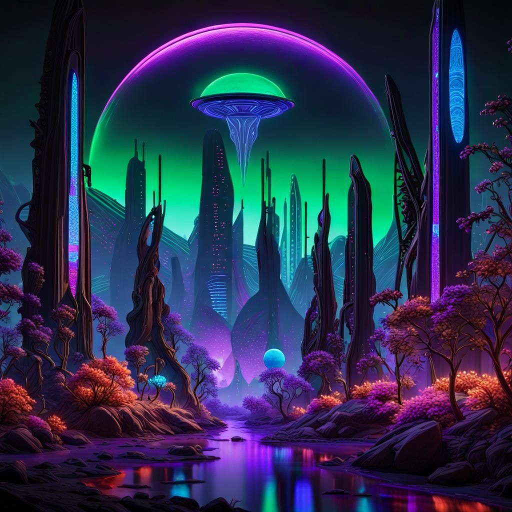 Exotic Alien Planet with Neon Cityscape