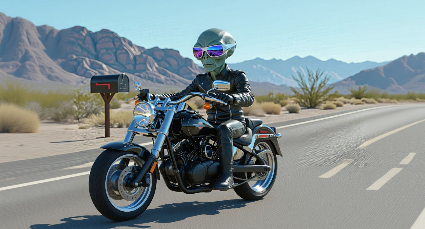 Grey Alien Rides Harley Davidson on Alien Highway