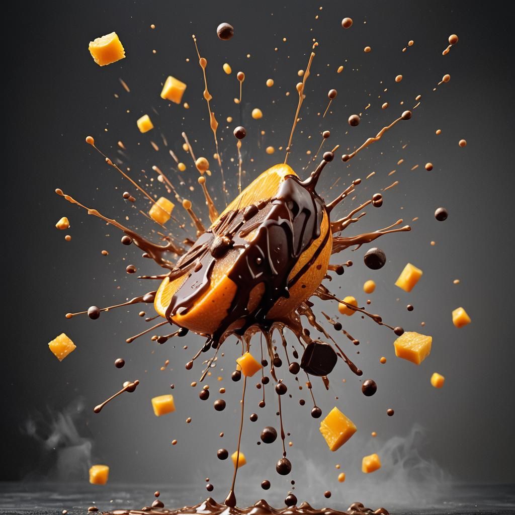 Capture an action-packed scene of food in motion, focusing on an orange as the central subject. Highlight flying chocola...