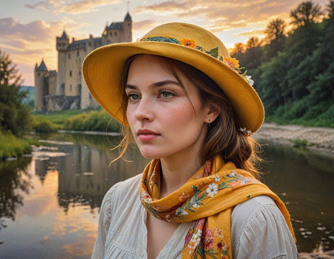 Impressionist Oil Painting of Woman in Yellow Hat