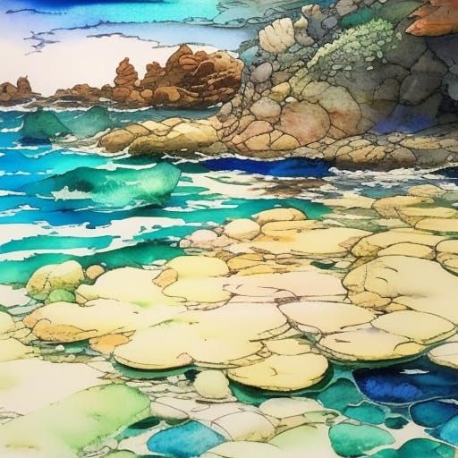 Ocean Rock Pools: Watercolor Painting in Studio Ghibli Style
