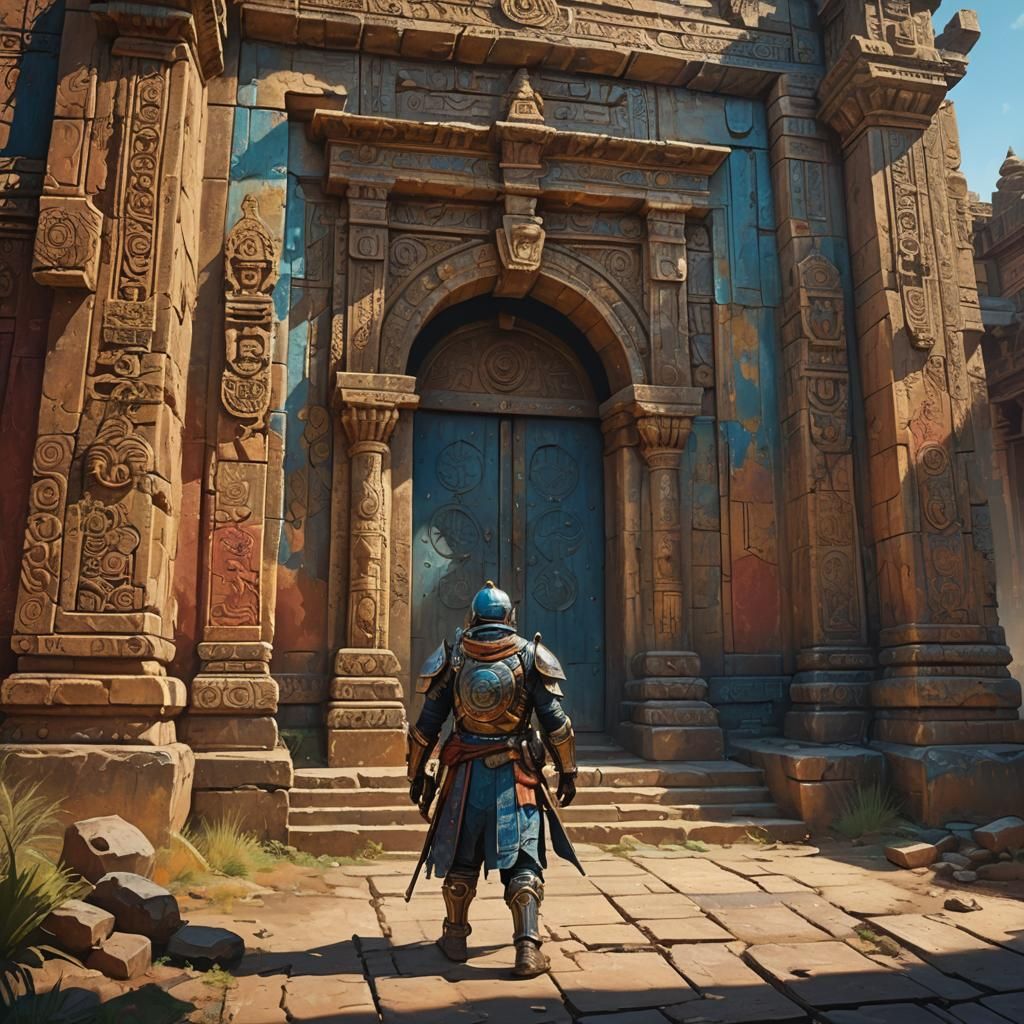 Armored Gunner Near Ancient Temple in Oil Painting Style