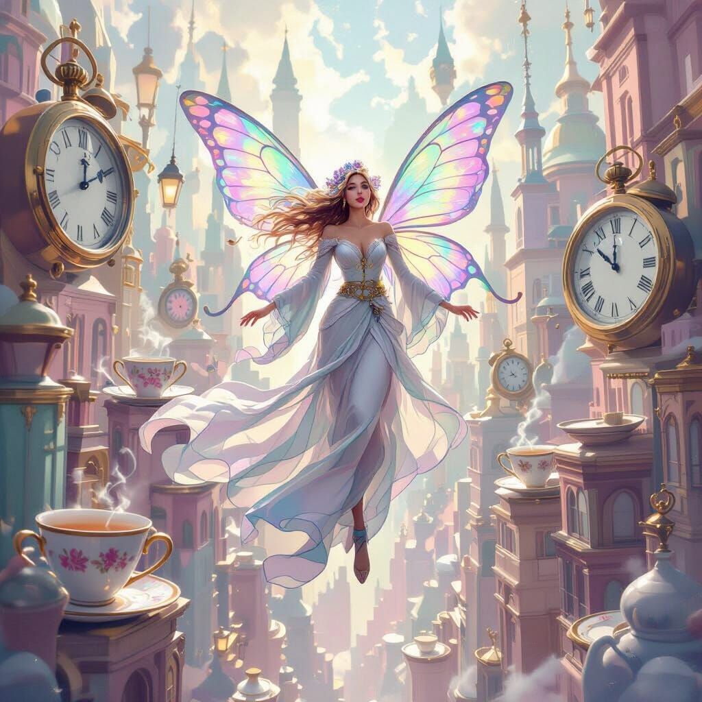 Whimsical Woman with Butterfly Wings in Surreal Clockwork Ci...