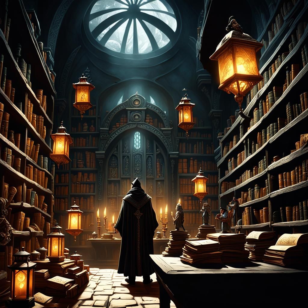 Mystical Library with Mages in Art Nouveau Style