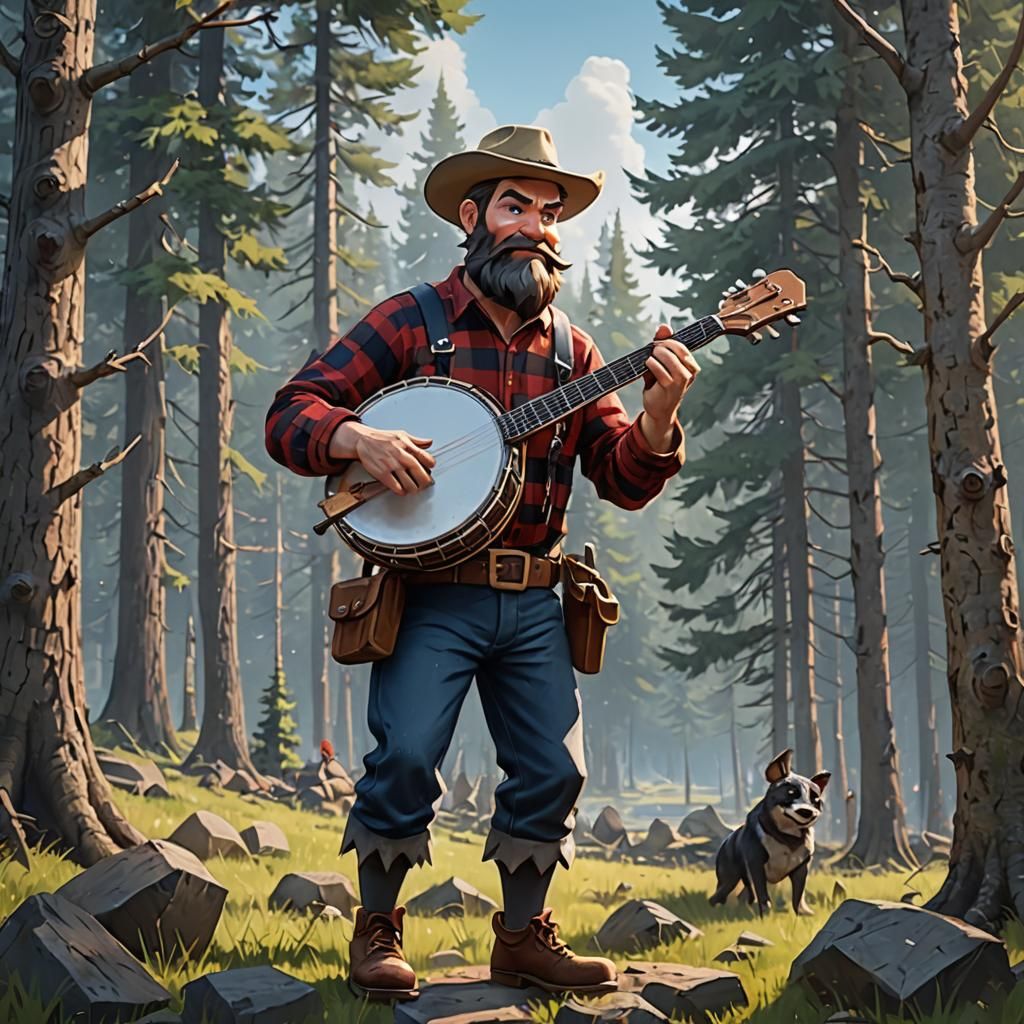 Paul Bunyan Plays Banjo in 3D Anime Art