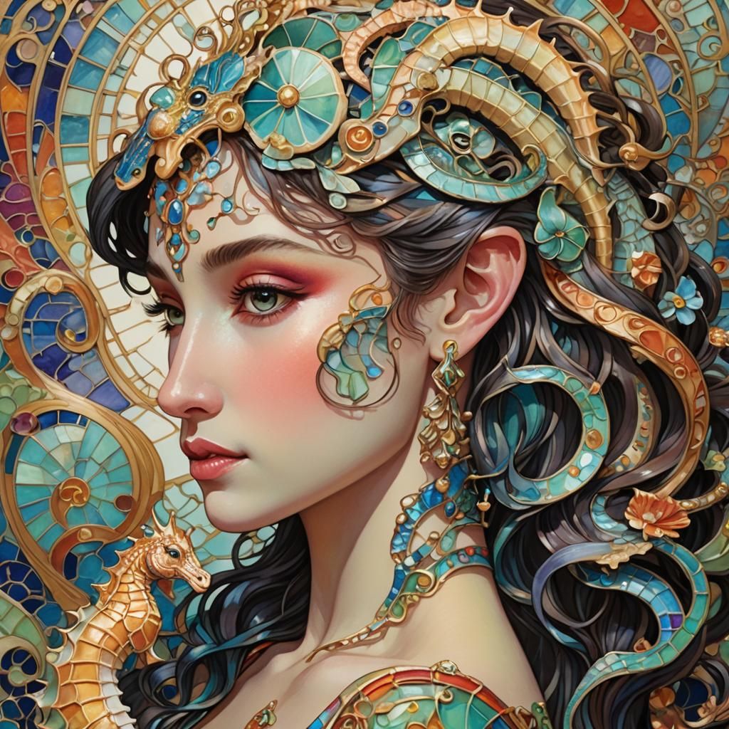 Art Nouveau Seahorse Princess with Enamel Features