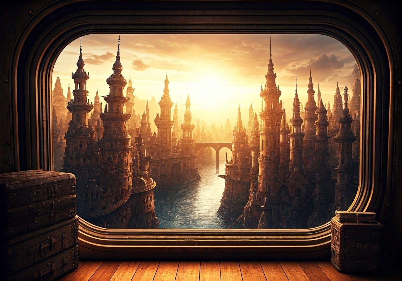 Fantasy Cityscape in Golden Hour through Steampunk Airship P...