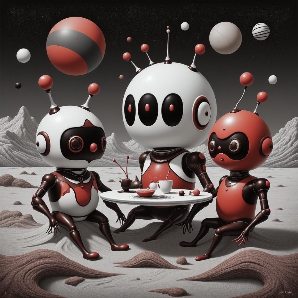 Cute Robots Enjoying Cosmic Cafe Experience