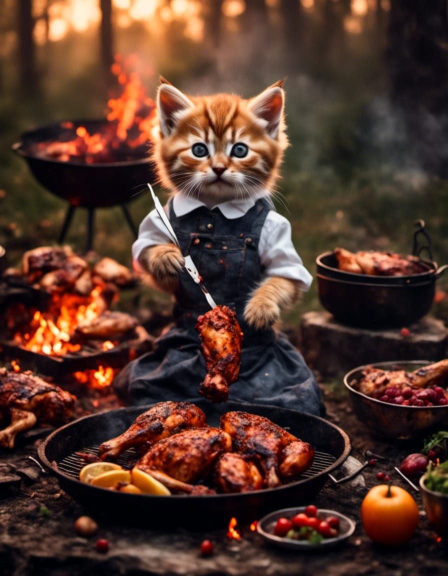 BBQ Kitten as Barbeque Chicken in Gothic Style