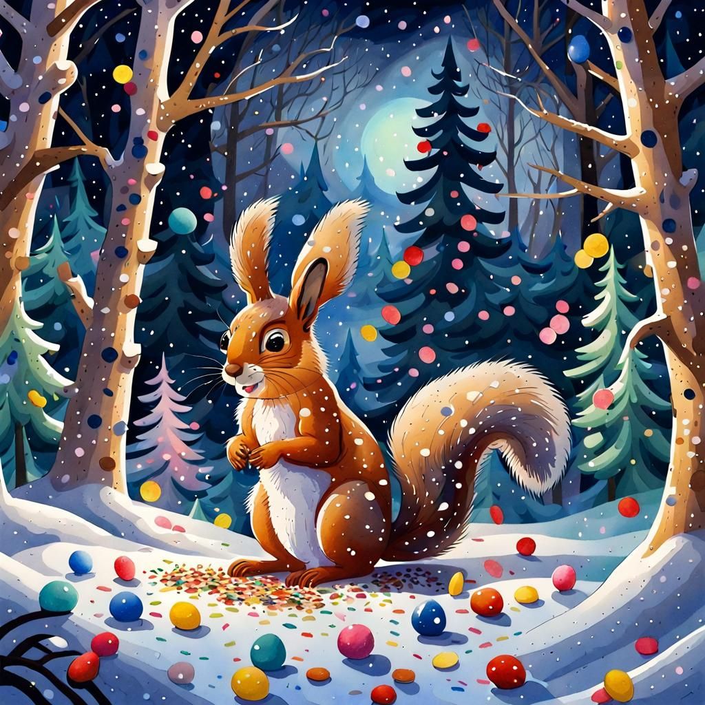 Squirrel Confetti Celebration in Winter Forest, Zarubin Styl...