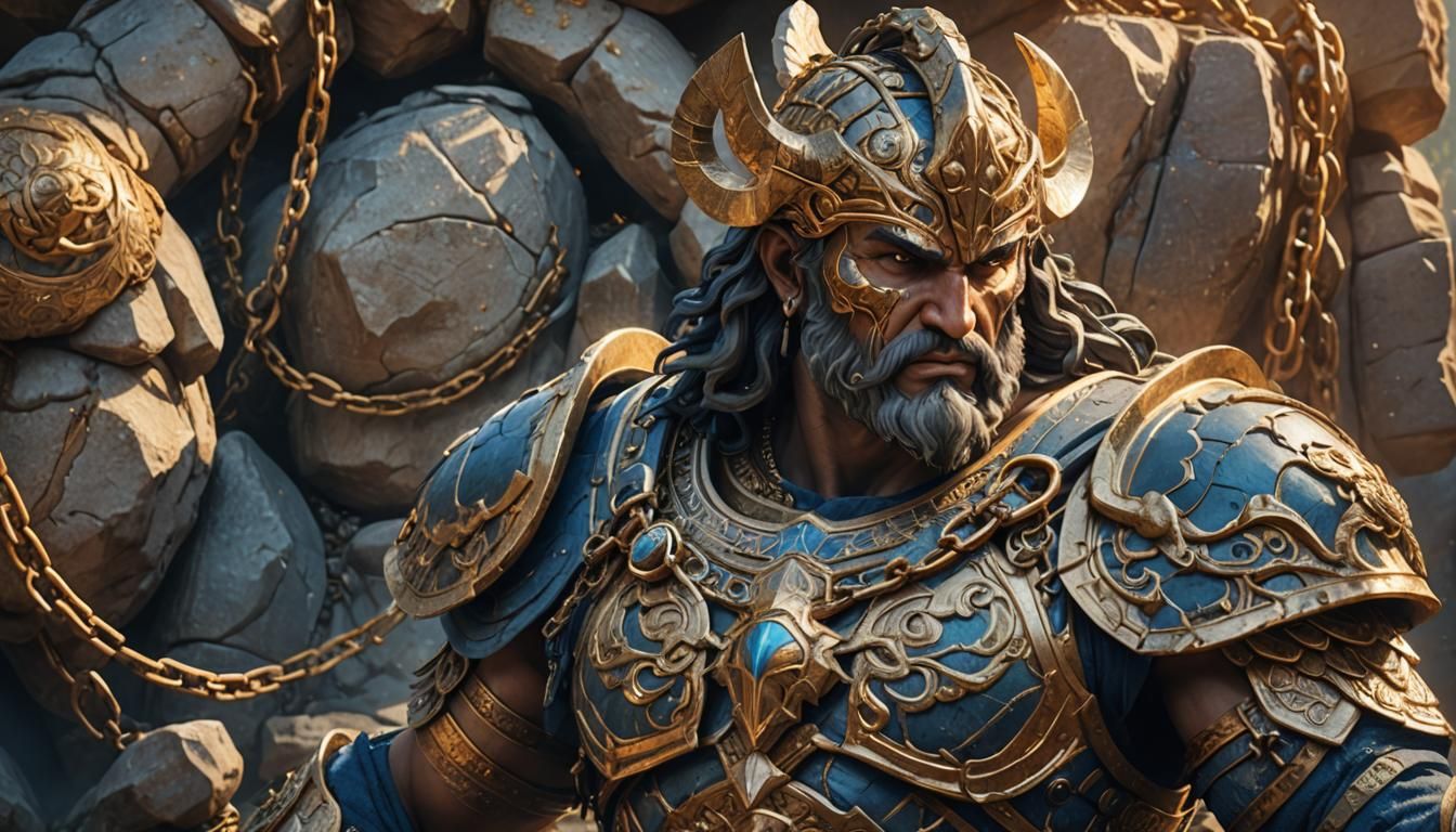 Greek God Dragging Stones in Mythological Fantasy Art