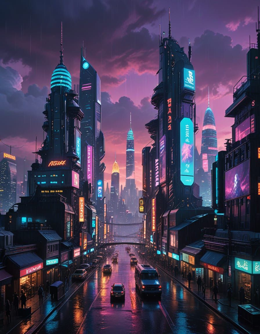 Cyberpunk Metropolis at Night: Neon Skyscrapers & Flying Car...