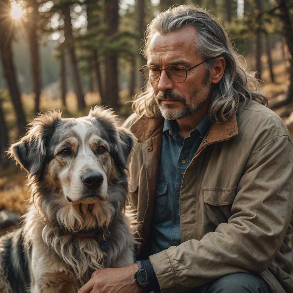 Man and Dog in Mountain Landscape, Hyperrealistic Photo