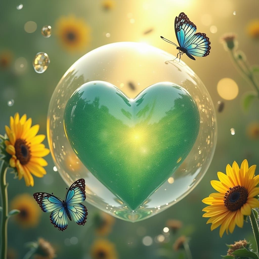 Glass Heart in Whimsical Garden Scene
