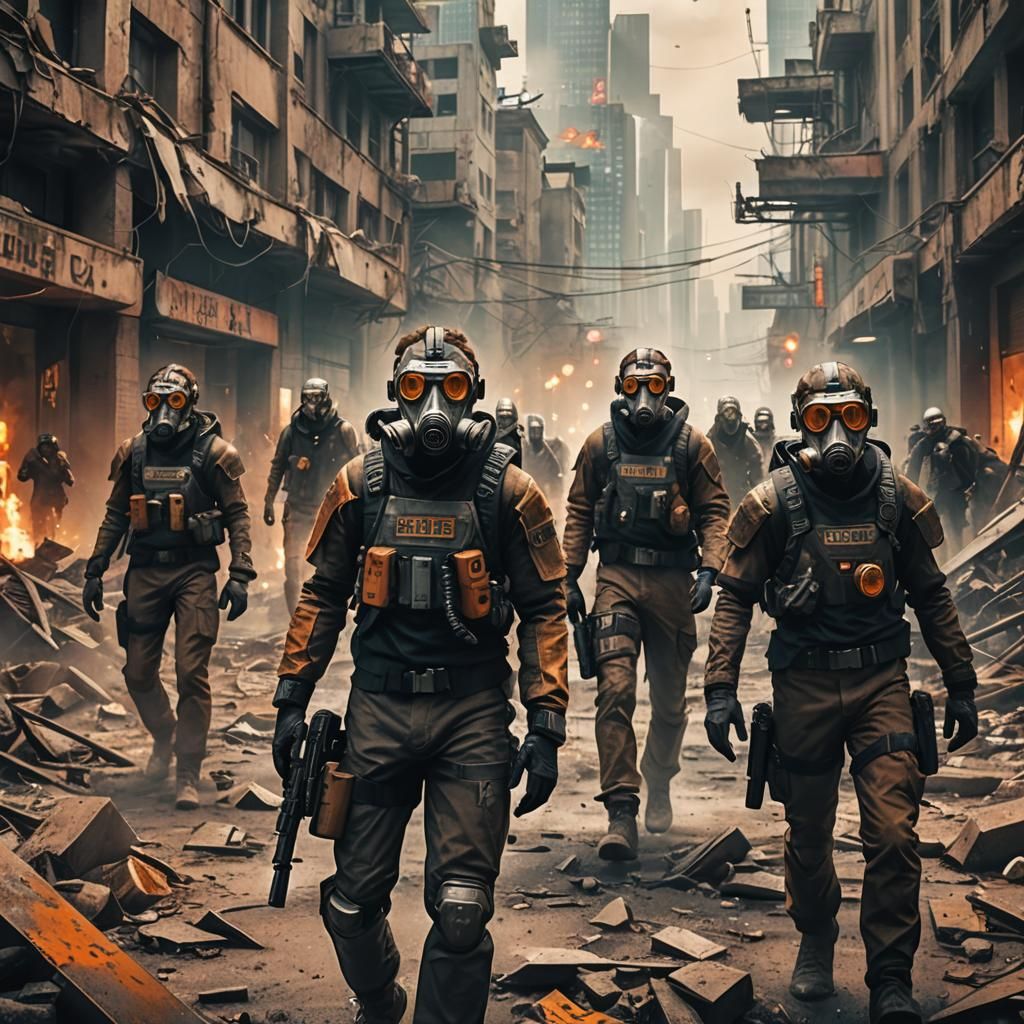 Dystopian Cyberpunk Protest in a Ruined City