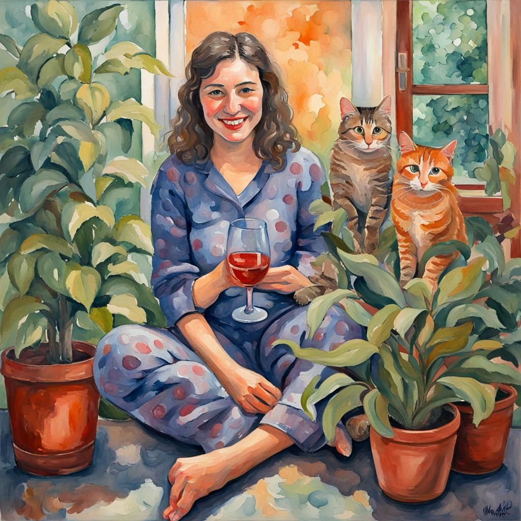 Woman Surrounded by Plants and Cats in Watercolor