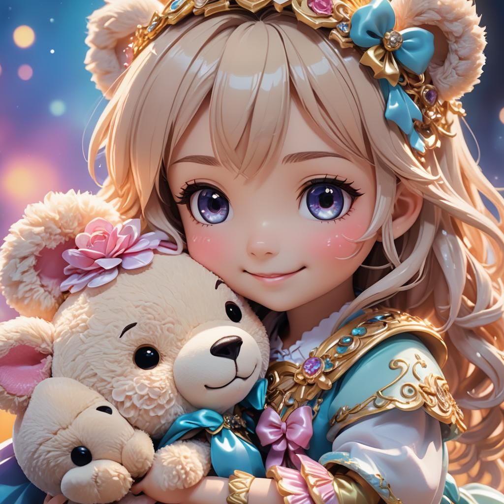 Chibi Princess Hugging Teddy Bear in 3D Anime Style