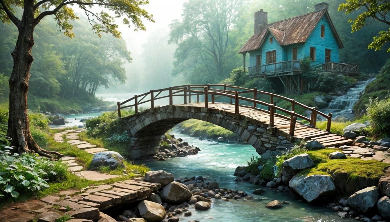 Misty Cottage Garden with Stone Bridge