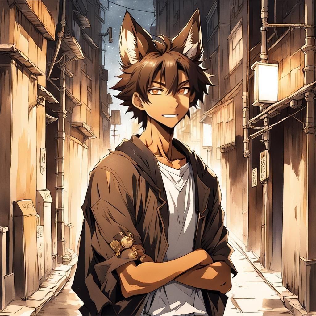 Anime Boy with Wolf Ears in Moonlight