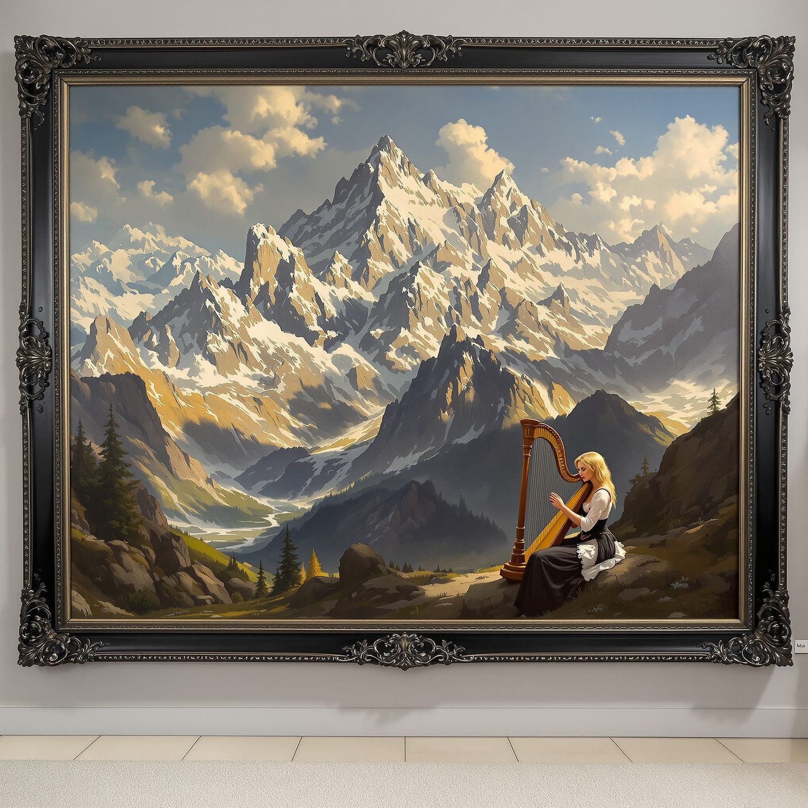 Swiss Alps Oil Painting with Harpist in Dappled Sunlight