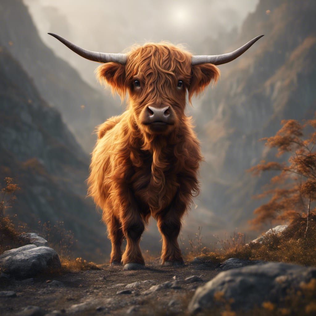 Fantastical Baby Highland Cow: Detailed Matte Painting
