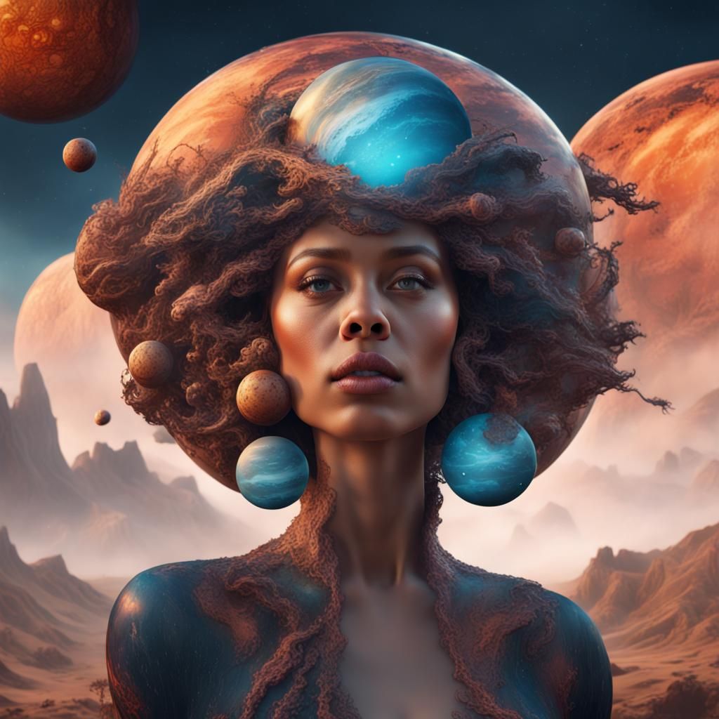 Surreal Woman Portrait with Planets, Detailed Matte Painting