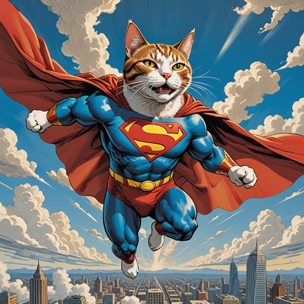 Majestic Flying Cat in Vibrant Superman Suit
