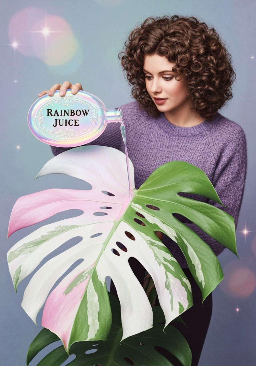 Woman Pours Iridescent Rainbow Juice on Monstera Plant