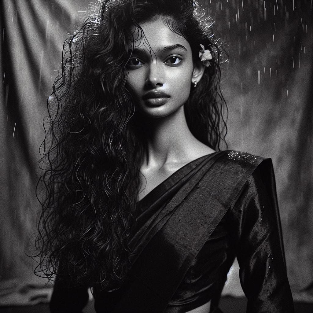 South Asian Woman in Rainy Night, 90s Vintage Style