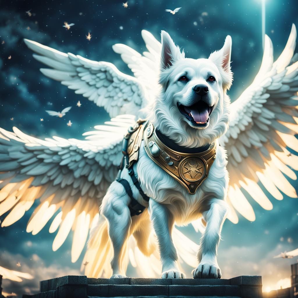 Celestial White Dog with Wings in Haven