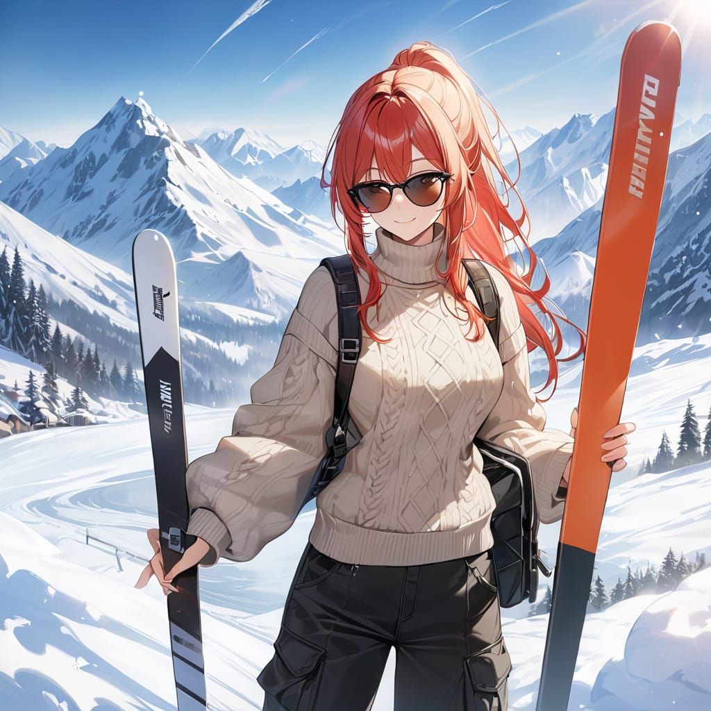 Elegant Redhead Skier on a Snowy Mountain