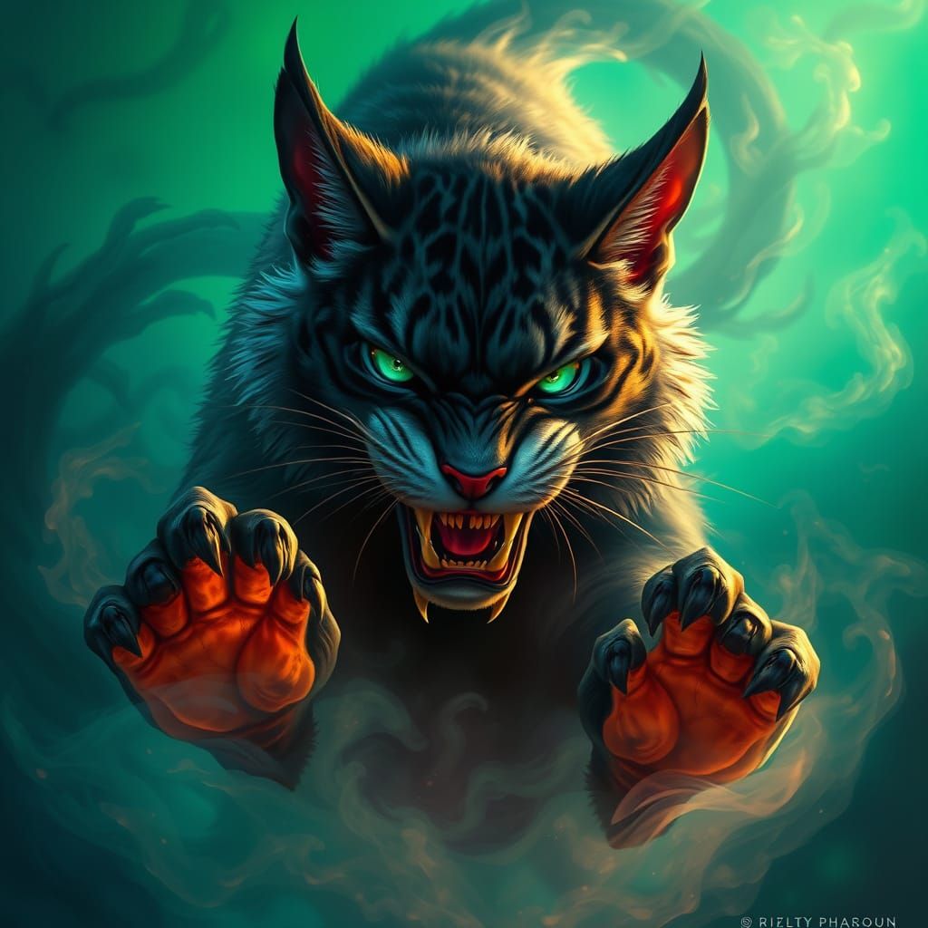 Fierce Fantasy Cat in Vibrant Dreamlike Landscape