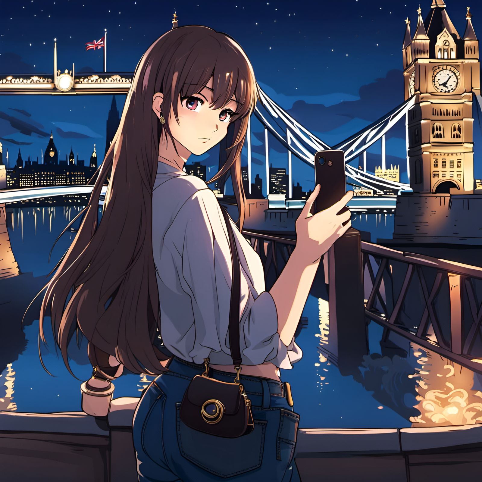 Anime-Style Influencer on London Bridge at Night