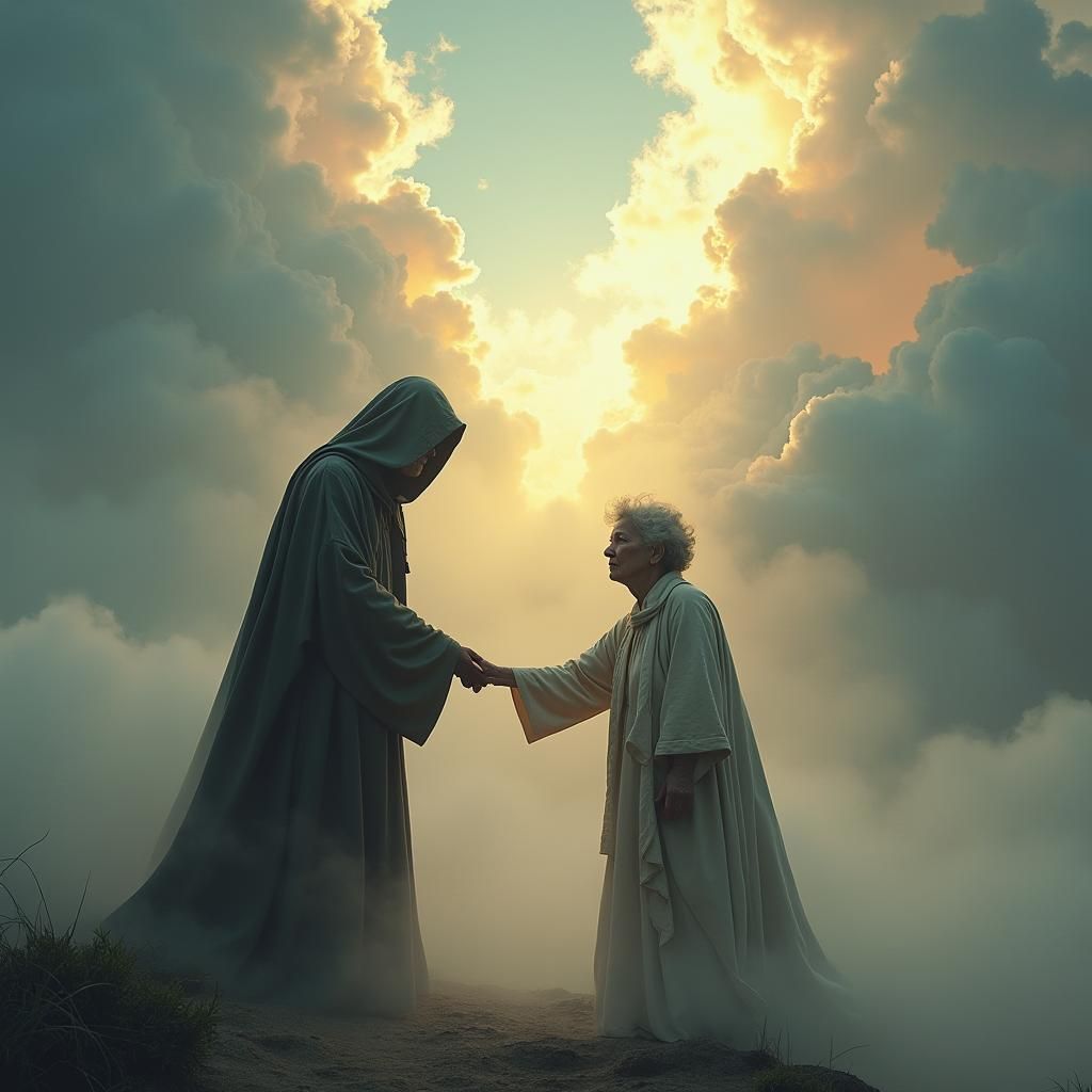 Elderly Woman Meets Grim Reaper in Dreamlike Scene