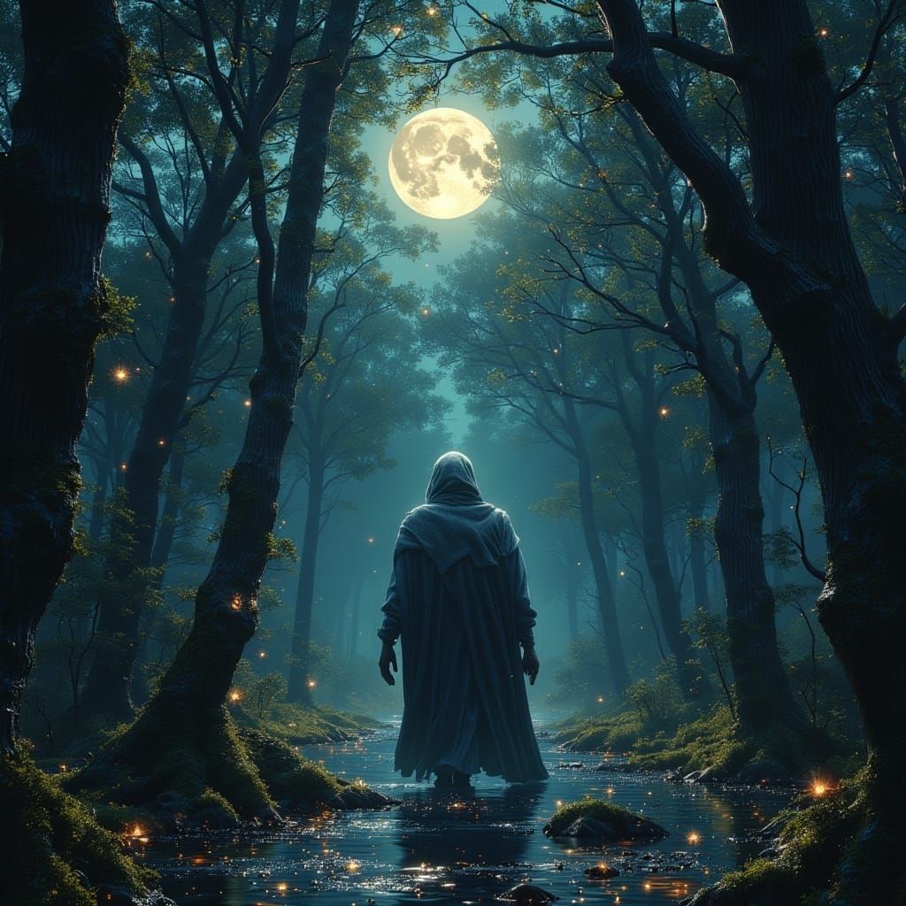 Ghostly Figure Hides from Forest Maidens in Eerie Woods