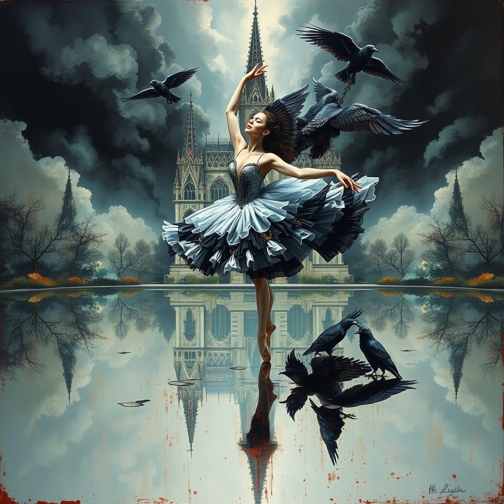 Gothic Ballerina Above Mirror Lake in Impasto Style