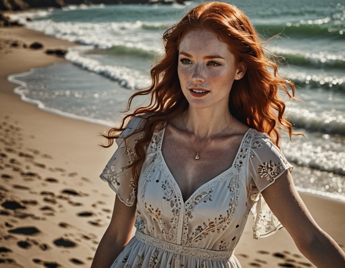 Beautiful Redhead on a Beach in Fashion Photography Style