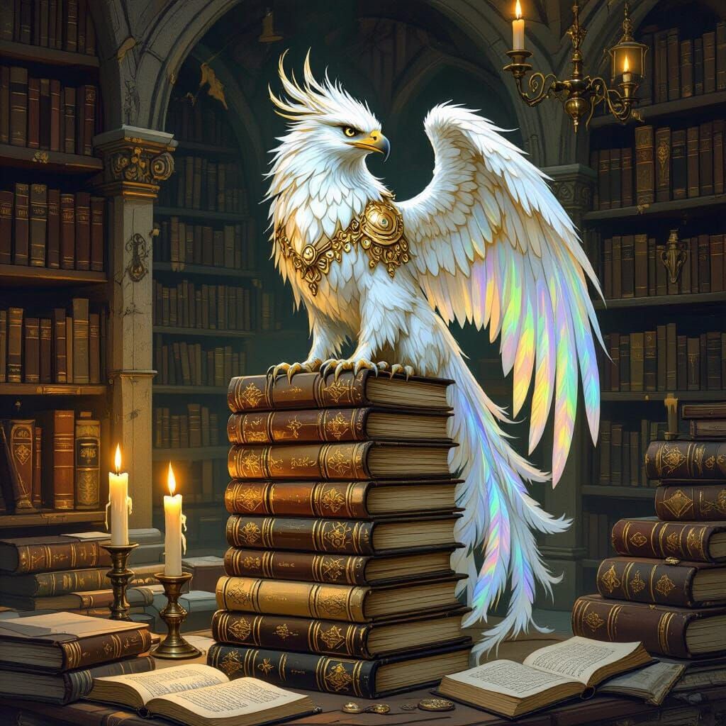 Griffin in Mystical Library, Arthur Rackham Style