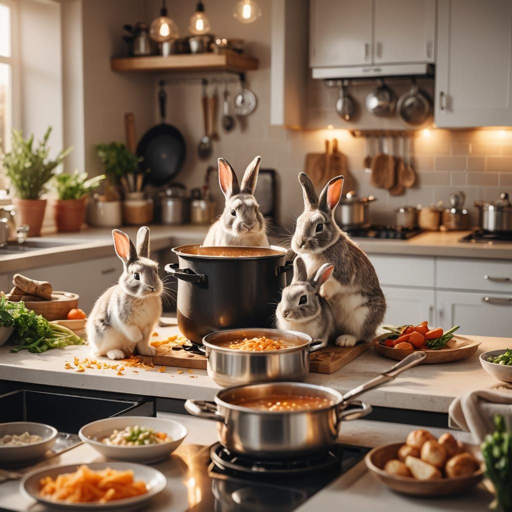 Rabbits Cook Soup in Luxurious Modern Kitchen