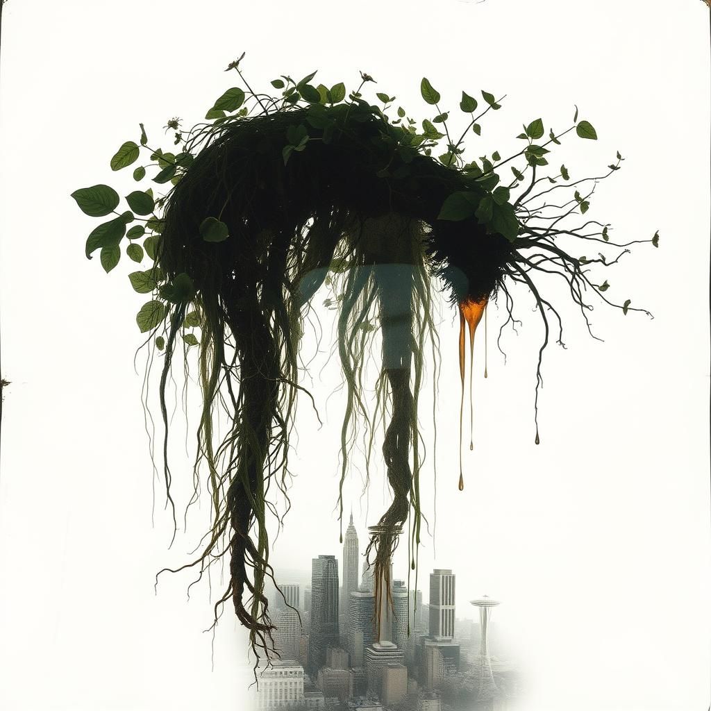 Surreal Root Creature in Dystopian Double Exposure