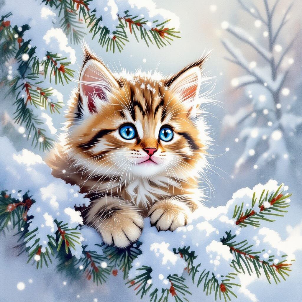 Kitten Peering From Snowy Branch in Watercolor Style