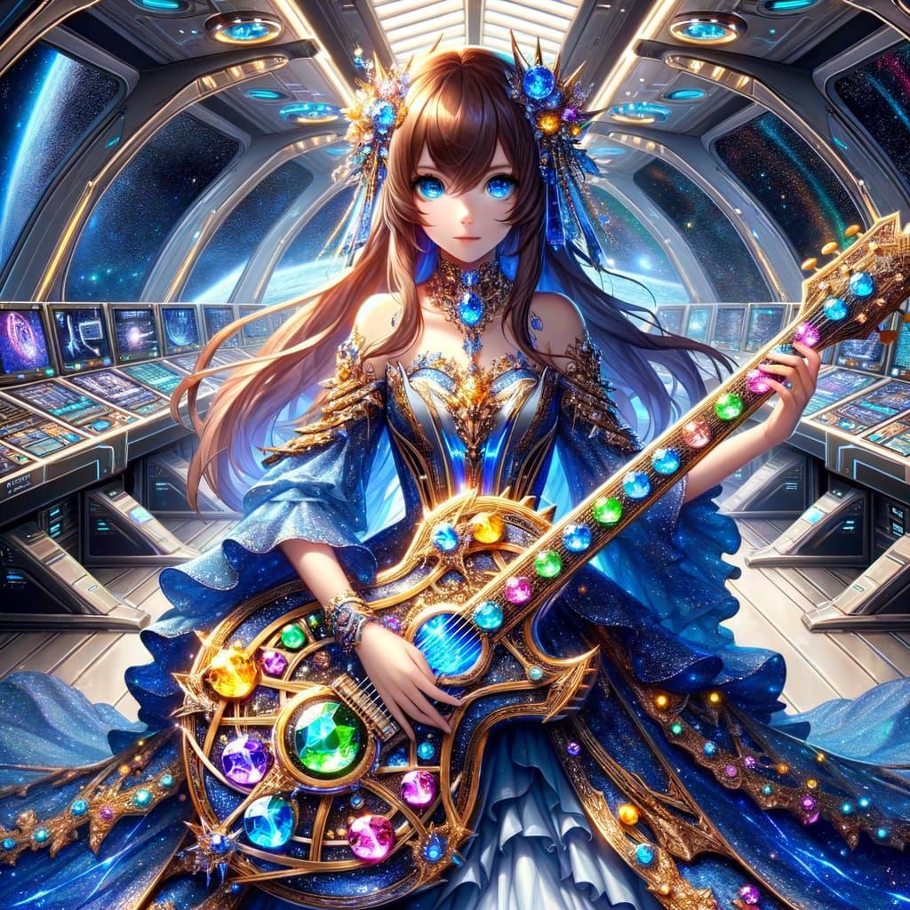 Anime Woman on Starship Bridge with Celestial Guitar
