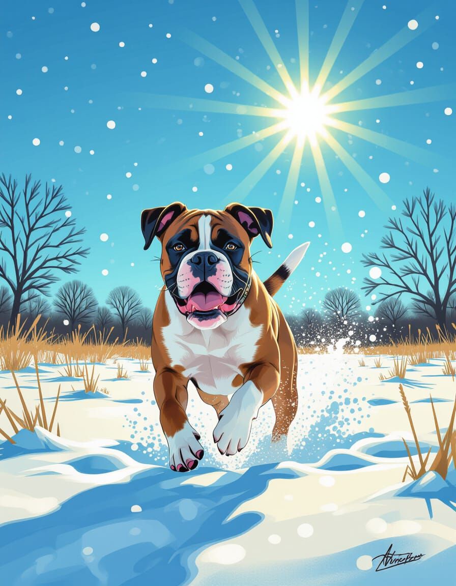 Boxer Dog Plays in Snowy Field in Comic Style