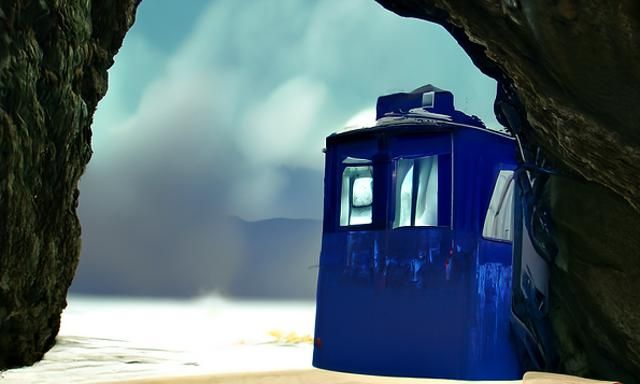 Vintage Police Box in Sea Cave, Gouache Brutalism