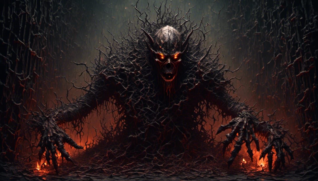 <lora:Into darkness:1.0> <lora:Nightmare:1.0> " Terror, evil, Demon Sinister, insane (vile:1.5) is kept away locked.(Cre...